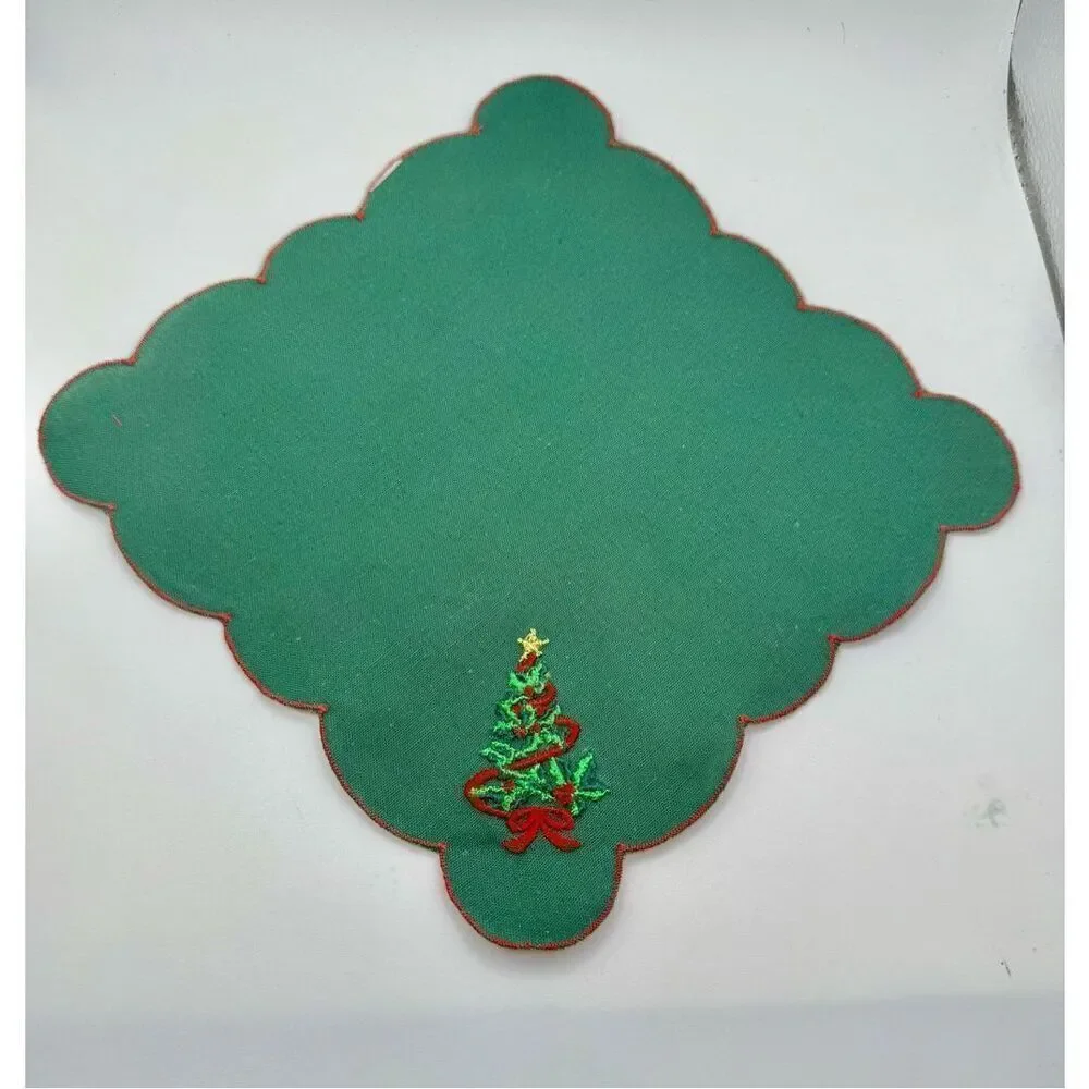 Linen Christmas Napkins Set of 12 Green Embroidered Christmas Tree 7 X 7”